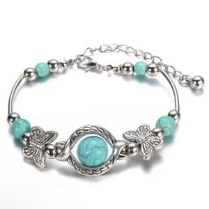 Turquoise Butterfly Beaded Bracelet 8”